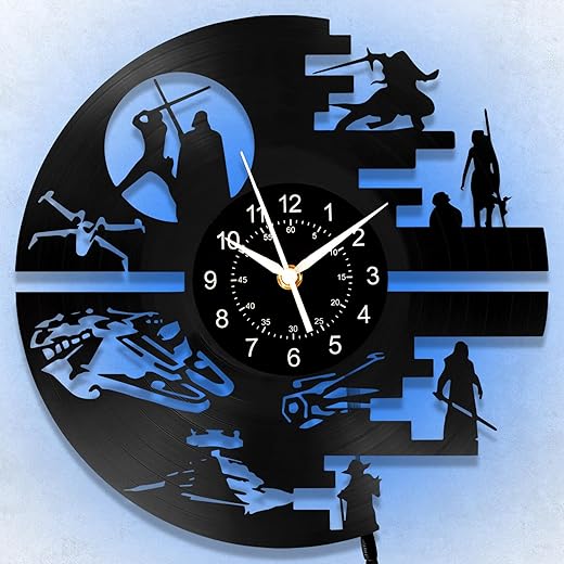 Vinyl Record Clock Star Science Fiction Film Wall Clocks Star and Wars LED Night Light Art Wall Decor Clock Unique Birthday Gifts for Men Kids