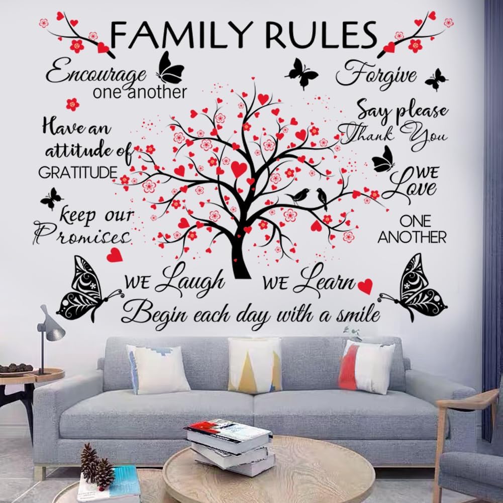 Vinyl Wall Quote Stickers Family Rules Family Inspirational Wall Stickers Motivational Wall Decals Wall Quote Sayings Stickers Butterfly Wall Stickers for Home Wall Decorations. (Color 1)