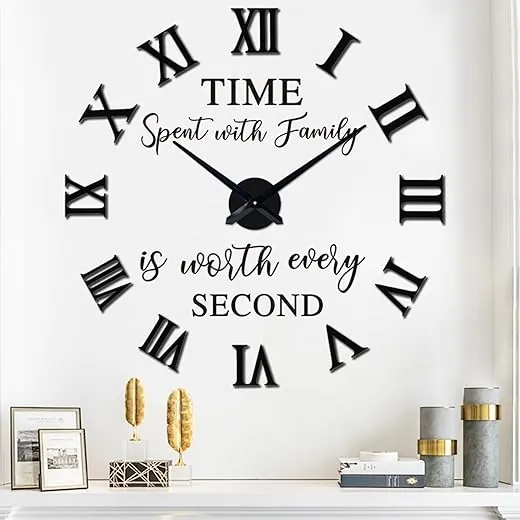 VREAONE Large 3D DIY Wall Clock, Giant Roman Numerals Clock Frameless Mirror Big Wall Clock Home Decoration for Home Living Room Bedroom Wall Decorations(Black)