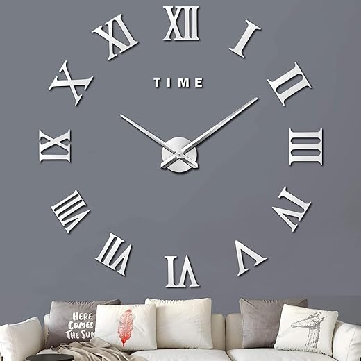 VREAONE Large 3D DIY Wall Clock, Giant Roman Numerals Clock Frameless Mirror Sticker Wall Clock Home Decoration for Living Room Bedroom(Silver)