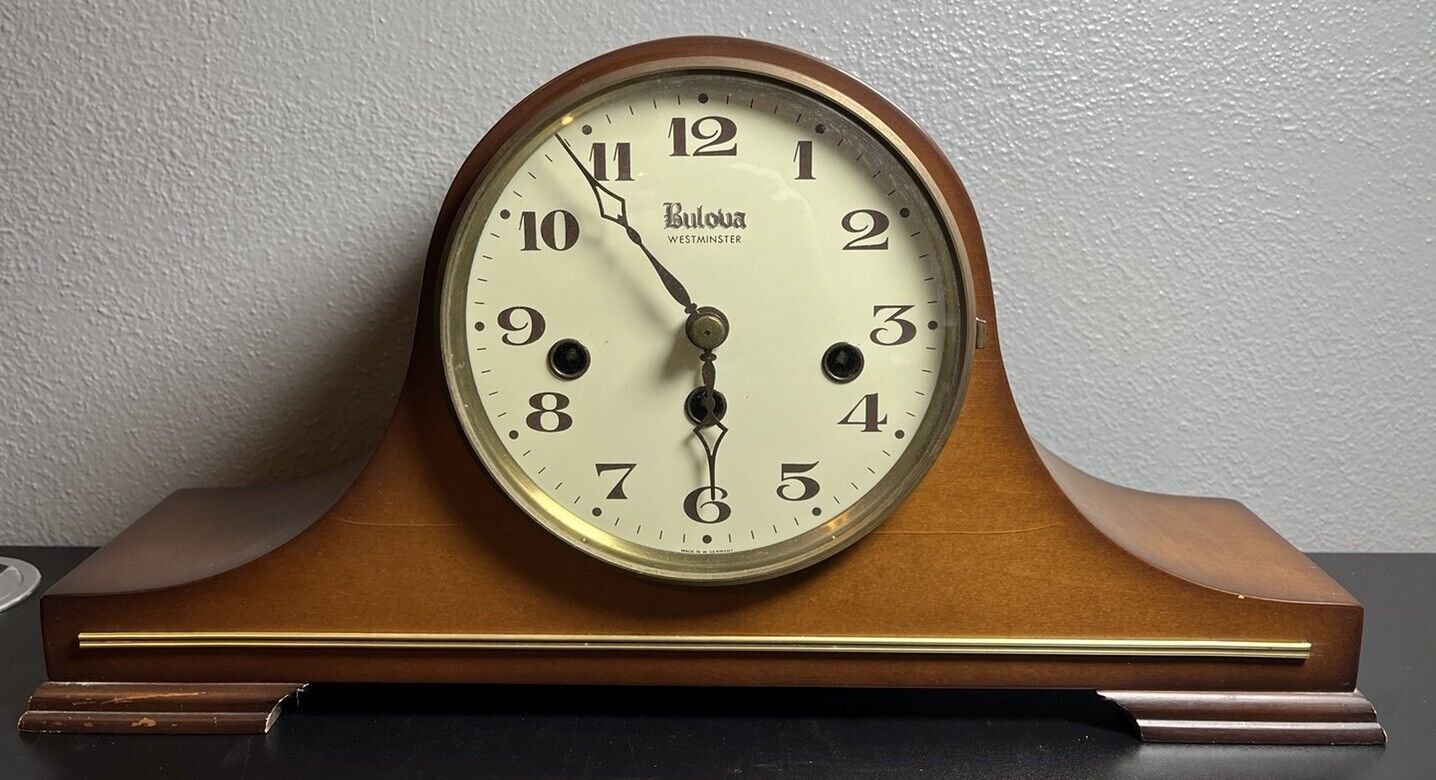 VTG Bulova Westminster Chime Mantle Clock 340-020 Movement Germany 2 Jewels Key