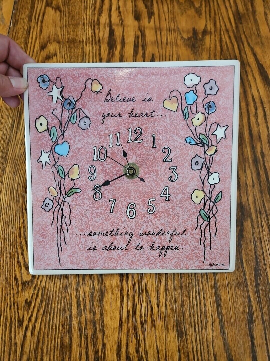 Vtg Flavia Tile Wall Clock Pink Floral "Believe In Your Heart" Art AA Battery