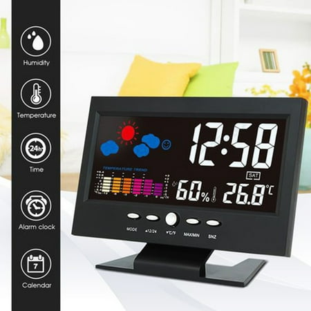 Walbest LCD Color Screen Digital USB Desktop Clock, Easy to Read Screen with Calendar & Day of Week Time/Temperature Humidity Time Date Display Alarm Clock - Perfect for Nightstand or Desk