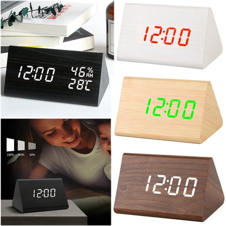 Walbest Wooden Digital Alarm Clock with USB Rechargeable Battery, Electronic LED Time Display, 3 Alarm Settings & Adjustable Brightness, Sound Control Electric Clock for Bedroom, Bedside, Desktop