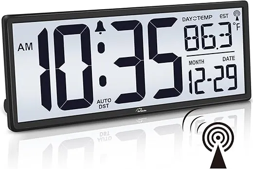 WallarGe 14.5'' Atomic Clock with Backlight and Temperature, Accurate Self-Setting Digital Wall Clock Battery Operated, 4 Time Zones, Large Display with Date and Day of Week, Easy to Read, Auto DST