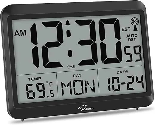 WallarGe Atomic Clock Battery Operated - Large Display Digital Alarm Clock with Seconds and Indoor Temeperature, 4 Time Zones, DST