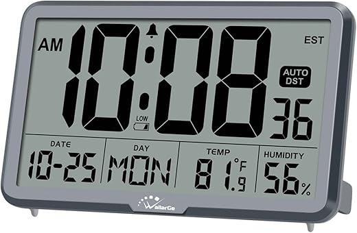 WallarGe Auto Digital Wall Clock with Temp, Humidity, Date, Alarm - For Elderly, Office, 8 Time Zones, Auto DST