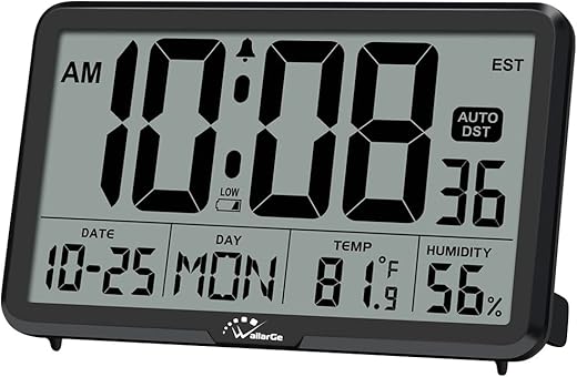 WallarGe Auto Set Digital Wall Clock Battery Operated, Desk Clocks with Temperature, Humidity and Date, Large Display Digital Calendar Alarm Clock for Elderly, Bedroom, Office, 8 Time Zone, Auto DST.