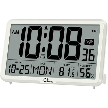 WallarGe Auto Set Digital Wall Clock Battery Operated, Desk Clocks with Temperature, Humidity and Date, Large Display Digital Calendar Alarm Clock for Elderly, Bedroom, Office, 8 Time Zone, Auto DST.