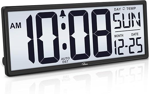 WallarGe Backlight Digital Wall Clock Battery Operated - with Temperature and Date 14.5'' Large Digital Wall Clock, Easy to Read and Set, Auto DST