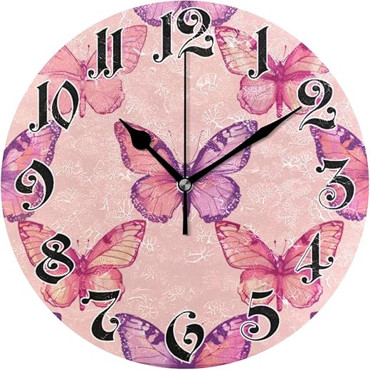 Wall Clock - Silent Non-Ticking, Battery Operated, 10 Inch Pink Butterflies Clock Decorative for Home, Bedroom, Living Room - Modern Decor Wall Clock