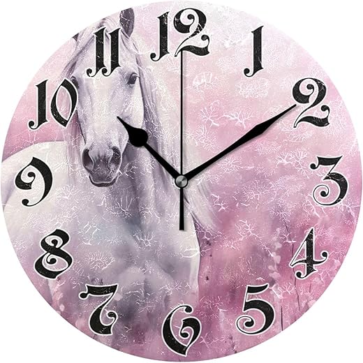 Wall Clock - Silent Non-Ticking, Battery Operated, 10 Inch White Horse Pink Clock Decorative for Home, Bedroom, Living Room - Modern Decor Wall Clock