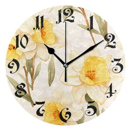 Wall Clock 10 Inch Silent Non-Ticking 8 Yellow Flower Battery Operated Rustic Retro for Living Room Home Kitchen Bathroom