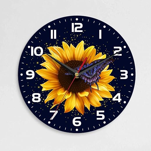 Wall Clock, 10 Inch Silent Non-Ticking Home Kitchen Decor, Battery Operated for Bathroom Bedroom Living Room Office(Sunflower Butterfly)