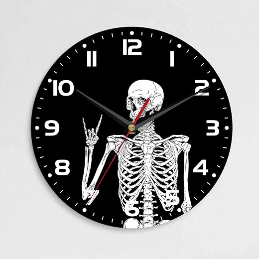 Wall Clock, 10 Inch Silent Non-Ticking Home Kitchen Decor, Battery Operated for Bathroom Bedroom Living Room Office(Skeleton Skull)