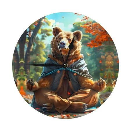 Wall Clock 10 Inch Silent Non-Ticking Modern Clocks Battery Operated - Maple Meditating Bear Wall Clock Decorative for Living Room Bedroom Kitchen Office Classroom