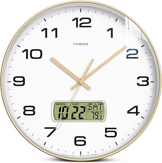 Wall Clock, 12 Dial Non-Ticking Silent Battery Operated Analog with LCD Display for Perpetual Calendar and F° Temperature, Ideal Modern Home, Bedroom, Kitchen, Office Decor (Gold)