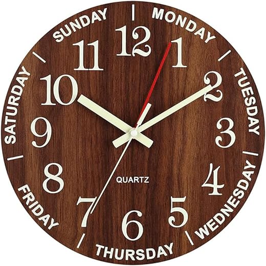 Wall Clock 12 Inch Brown Weekly Wall Clock Silent Battery Operated Luminous Hands Retirement Elderly Wooden Glow in The Dark Wall Clock