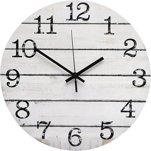 Wall Clock 12 Inch Imitation Wood Silent Non-Ticking Indoor Clock Round White Decor Clock Rustic Minimalist Battery Operated Wall Clocks for Farmhouse, Hotel, Bedroom, Living Room, Kitchen