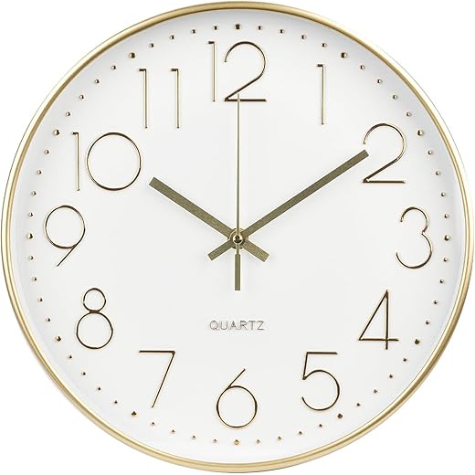 Wall Clock 12 Inch Non-Ticking Silent Modern Simple Style Round Decor Clock Gold Stereoscopic Dial Quartz Wall Clocks for Home/Office/School/Living Room/Bedroom/Kitchen