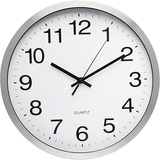 Wall Clock 12 Inch Silver Brushed Finish Silent Non Ticking Indoor Clock Round Battery Operated Stainless Steel Wall Clocks for Home, Office, Hotel, Bedroom, Living Room, Kitchen