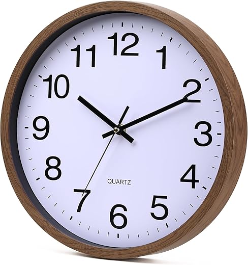 Wall Clock 12 Inch Wooden Frame Glass Cover Non-Ticking Number Quartz Modern Quartz Design Decorative Bedroom Kitchen Office Classroom Dark Brown