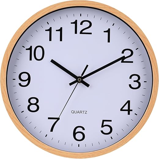 Wall Clock 12 Inch Wooden Frame Glass Cover Non-Ticking Number Quartz Modern Quartz Design Decorative Bedroom Kitchen Office Classroom Light Brown