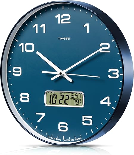 Wall Clock, 14 Large Dial Non-Ticking Silent Battery Operated Analog with LCD Display for Perpetual Calendar and F° Temperature, Ideal Modern Home, Bedroom, Kitchen, Office Decor (Blue)