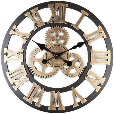 Wall Clock 60 * 60cm Large Classic Vintage Wooden Silent Retro Gear Hanging Clock Roman Numeral Horologes European Style Steampunk Industrial Decor for Living Room, Bar,Gold