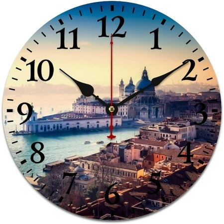 Wall Clock Beautiful Water City Vintage Antique Italy Venice Round Room Decorative Wall Clock Battery-Powered With Quartz Movement Tourisctic Romantic Italy View Italian Old Vintage City Clocks 10 In