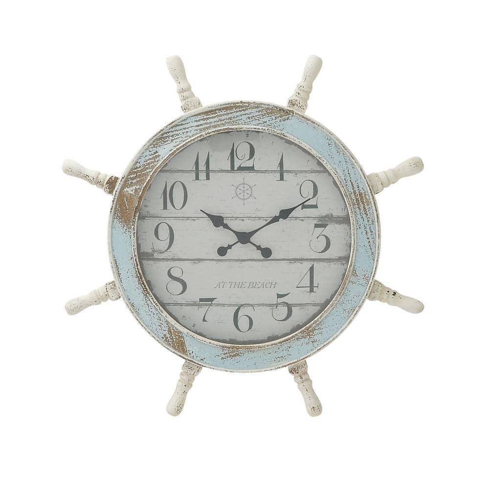 Wall Clock Coastal Distressed Blue Wood Carving Wheel Sail Boat Analog Round