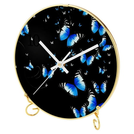 Wall Clock, Desk Clock, Round Clock, Personalized Gift for Mom, Clock for Bedroom, Living Room, Mother's Day Gifts, Birthday Gift, Butterfly Blue Silver Art Vintage