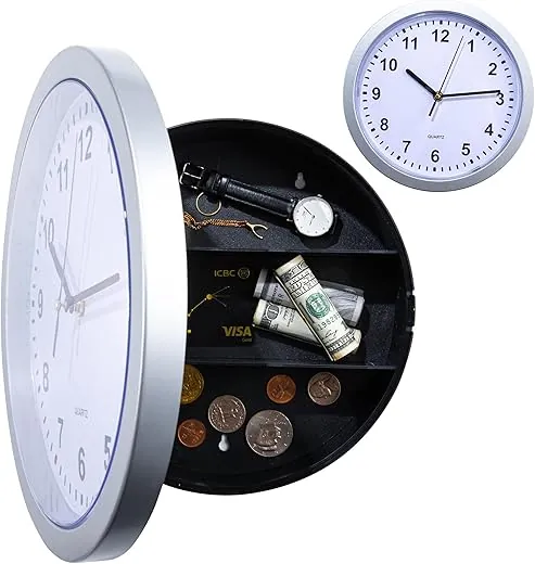 Wall Clock Diversion Safe,10 Inch Wall Clock with Hidden Safe,Secret Hidden Clock for Valuables (Silver)