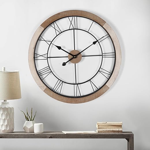 Wall Clock for Living Room Decor, 18'' Big Wall Clock for Office, Rustic Wall Clock Battery Operated, Distressed White Roman Numeral Clock, Round, Wood