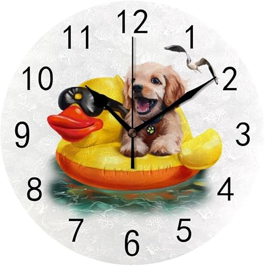 Wall Clock for Living Room Decor Cute Puppy Dog Duck Floating Bird PVC 9.8 Inch Hanging Round Desk Clocks Silent Non-Ticking Battery Operated Easy to Read Bathroom Kitchen Office