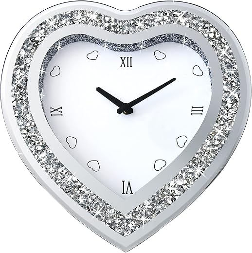 Wall Clock, Heart-Shaped Mirror Wall Clock, Cute Diamond 12-inch Non-Ticking Clock for Wall Décor, Perfect Home Decor for Bedroom, Dining Room(Excluding Batteries.)