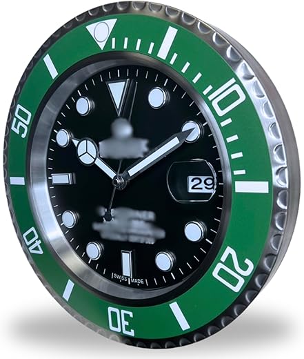 Wall Clock Homage Submariner | Anniversary Edition | Date Display with Magnifying Glass | wall decor | Silent Quartz Movement | Aluminium | Diameter 35 cm | Interior Design Luxury, Black and Green