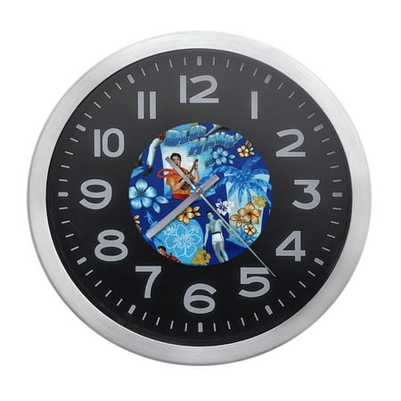 Wall Clock Home Decor or for a Patio/RV/Game Room 10 Round Silver Edge with a Black Face Featuring Your Choice of a Music Themed Vinyl Decal - FREE Battery Included (Elvis Blue Hawaii)