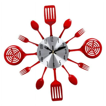 Wall Clock Metal Mute Utensils Toned Forks Spoons Spatulas Wall Clock For Kitchen Gift - Red, as described