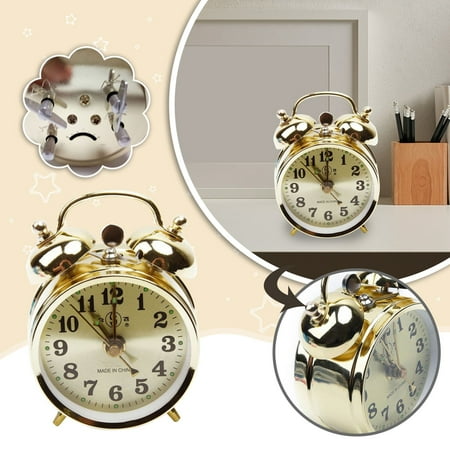 Wall Clock Metal Vintage Alarm Extra Loud Manual Wind Up Analog Retro Backlight Gold