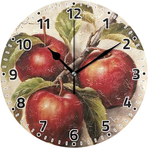 Wall Clock Non Ticking 10 Inch - Vintage Apples Battery Operated Quartz Silent Round Clock for Home/Office/Kitchen/Classroom