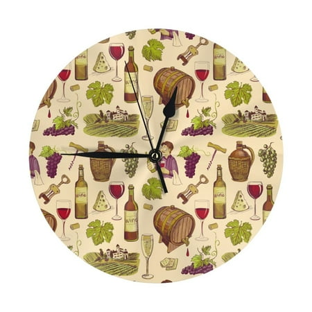 Wall Clock, Rustic Wine Print Wall Clocks Battery Operated Silent Kitchen Office Wall Clock Decorative, Wall Clock for Living Room School Classroom Bedroom Home Decor