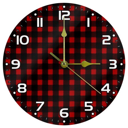 Wall Clocks Battery Operated Modern Clocks Round Silent Clock 9.85 in Traditional Black Red Plaid