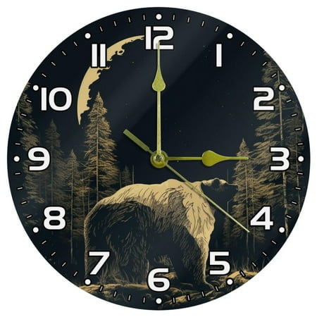 Wall Clocks Battery Operated Modern Clocks Round Silent Clock 9.85 in Bear Moon Forest Tree