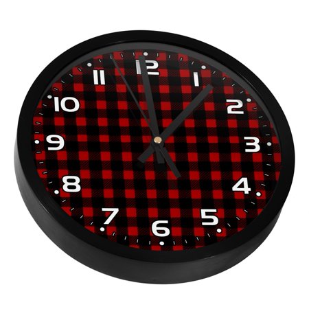 Wall Clocks Battery Operated Modern Clocks Round Silent Clock 9.8 in Traditional Black Red Plaid