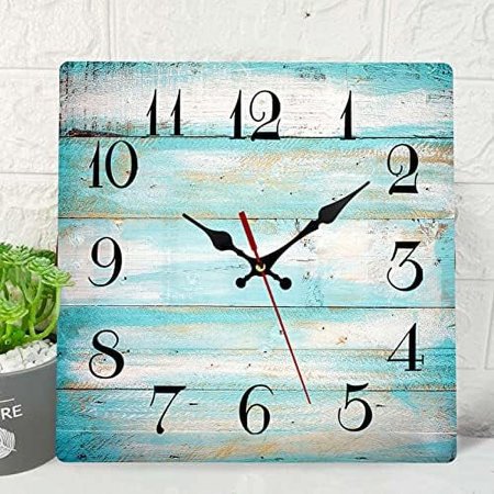 Wall Clock Silent Non-Ticking Green Blue Grey Teal Abstract Painting Gray Wooden Square Rustic Coastal Wall Clocks Décor for Home Kitchen Living Room Office Battery Operated(12 Inch)