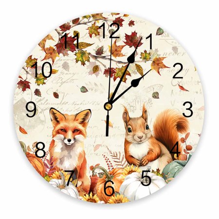 Wall Clock Silent Non-Ticking Home Decor, Floral Fox Squirrel Maple Fall Pumpkins Vintage 14 Inch Number Dial Face Battery Operated Sweep Movement Wall Clock for Kitchen, Bedroom, Living Room