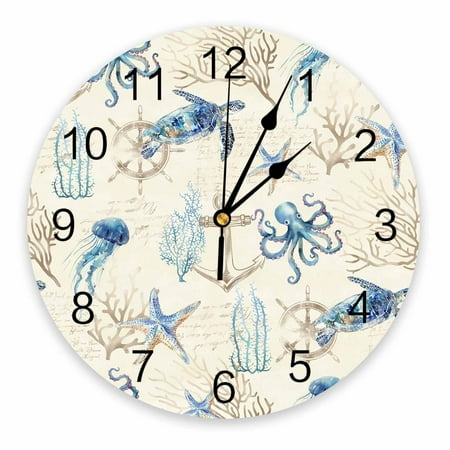 Wall Clock Silent Non-Ticking Home Decor, Ocean Sea Coral Starfish Octopus Jellyfish Turtle Retro Beige 10 Inch Number Dial Face Battery Operated Sweep Movement Wall Clock for Kitchen, Living Room