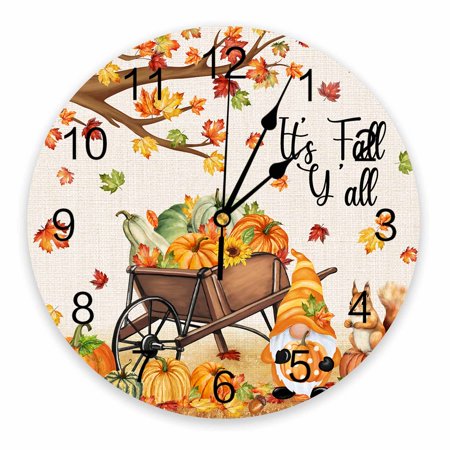 Wall Clock Silent Non-Ticking Home Decor, Retro Fall Maple Leaves Pumpkins Squirrel 10 Inch Number Dial Face Battery Operated Sweep Movement Wall Clock for Kitchen, Bedroom, Living Room