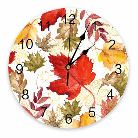 Wall Clock Silent Non-Ticking Home Decor, Various Maple Leaves Hand Painted Fall 10 Inch Number Dial Face Battery Operated Sweep Movement Wall Clock for Kitchen, Bedroom, Living Room